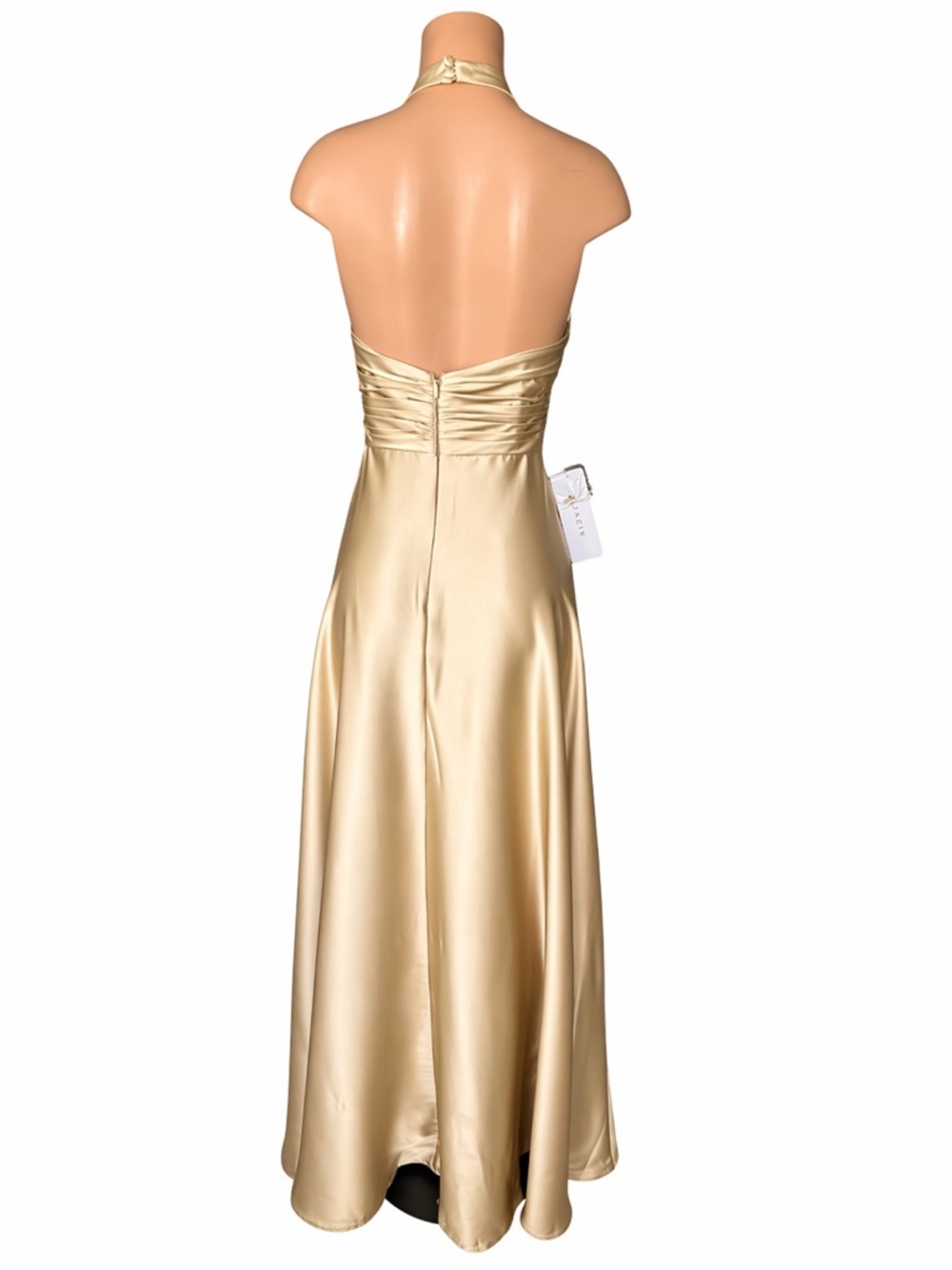 Azazie Tessie Champagne A-Line Halter Stretch Satin Maxi Dress Size A12 - Picture 3 of 10